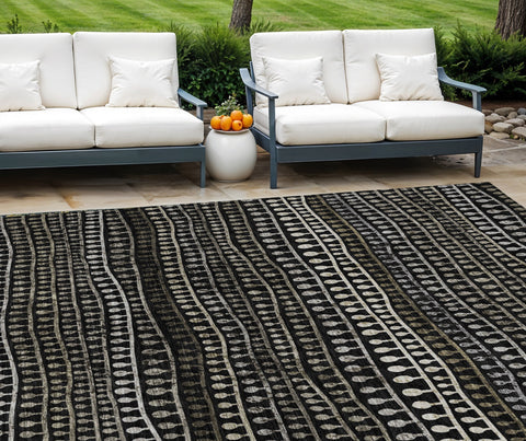 8' X 10' Taupe Charcoal And Gray Striped Washable Indoor Outdoor Area Rug