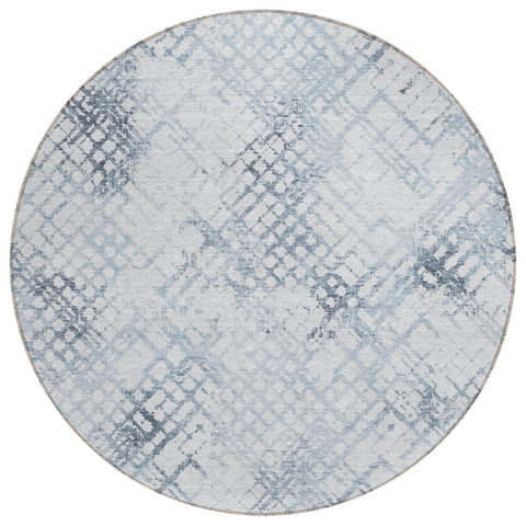 8' Navy Blue And Sky Blue Round Geometric Washable Indoor Outdoor Area Rug