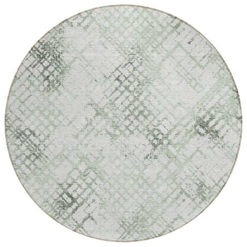 8' Artichoke Green And Ivory Round Geometric Washable Indoor Outdoor Area Rug