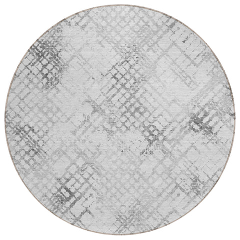 8' Gray Charcoal And Silver Round Geometric Washable Indoor Outdoor Area Rug