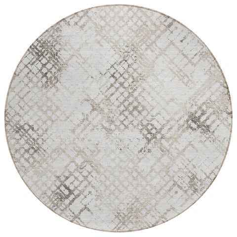 8' Taupe Beige And Brown Round Geometric Washable Indoor Outdoor Area Rug