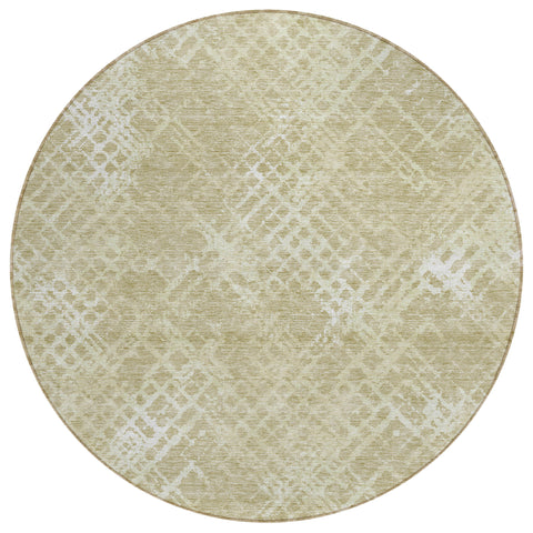 8' Beige Tan And Ivory Round Geometric Washable Indoor Outdoor Area Rug