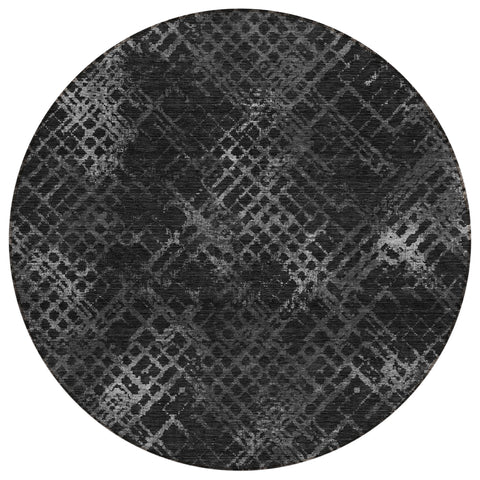8' Charcoal Gray And Silver Round Geometric Washable Indoor Outdoor Area Rug