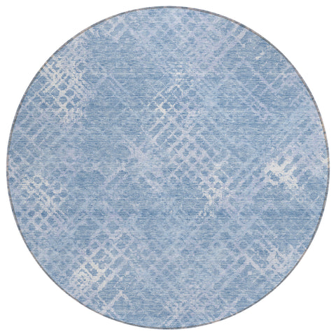 8' Sky Blue And Denim Blue Round Geometric Washable Indoor Outdoor Area Rug