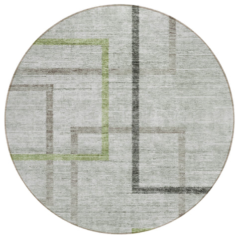 8' Green And Charcoal Round Geometric Washable Indoor Outdoor Area Rug