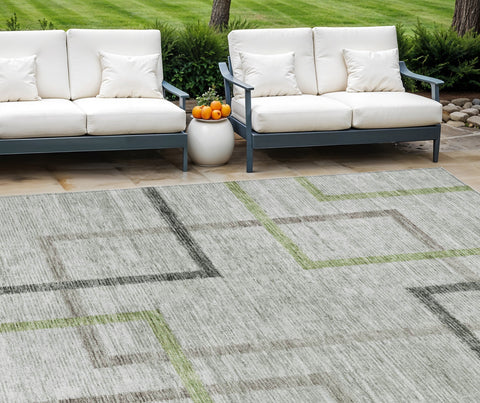 8' X 10' Green And Charcoal Geometric Washable Indoor Outdoor Area Rug