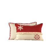 Set of Two Ivory And Red Lumbar Christmas Plaid Cotton Throw Pillow Covers with Fringe