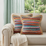 Set of Two 20" Blue Red And Natural Striped Cotton And Jute Throw Pillows