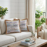 Set of Two 20" Aqua Ivory And Natural Striped Cotton And Jute Throw Pillows with Texture