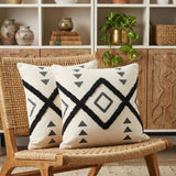 Set of Two 20" Natural And Black Geometric Cotton Throw Pillows with Texture