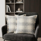 Set of Two 20" Off White And Gray Plaid Cotton Throw Pillows with Fringe