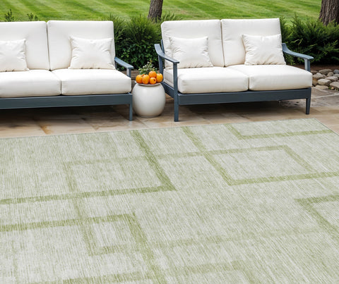 8' X 10' Artichoke Green And Green Geometric Washable Indoor Outdoor Area Rug