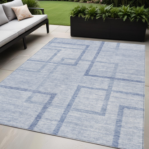 5' X 8' Sky Blue And Denim Blue Geometric Washable Indoor Outdoor Area Rug