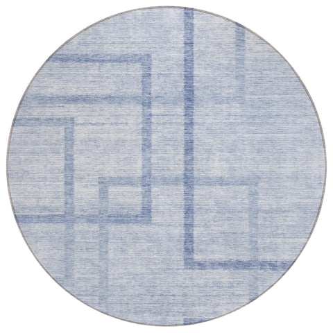 8' Sky Blue And Denim Blue Round Geometric Washable Indoor Outdoor Area Rug
