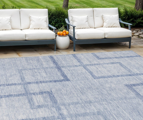 8' X 10' Sky Blue And Denim Blue Geometric Washable Indoor Outdoor Area Rug