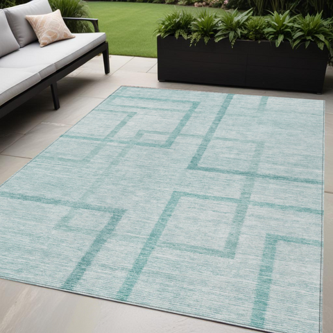5' X 8' Teal Blue And Aqua Geometric Washable Indoor Outdoor Area Rug