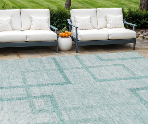 8' X 10' Teal Blue And Aqua Geometric Washable Indoor Outdoor Area Rug