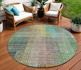 8' Green Gold And Teal Blue Round Abstract Washable Indoor Outdoor Area Rug