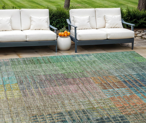8' X 10' Green Gold And Teal Blue Abstract Washable Indoor Outdoor Area Rug