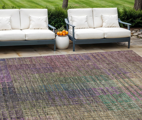 8' X 10' Plum Olive Green And Lavender Abstract Washable Indoor Outdoor Area Rug