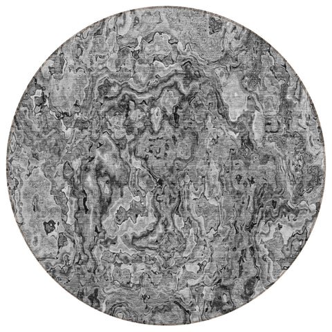 8' Gray Charcoal And Silver Round Abstract Washable Indoor Outdoor Area Rug