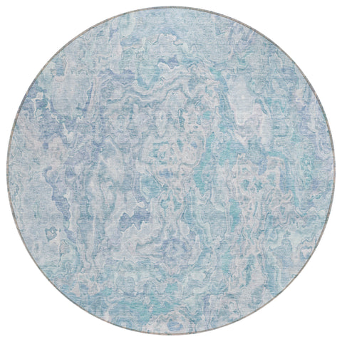 8' Sky Blue And Denim Blue Round Abstract Washable Indoor Outdoor Area Rug