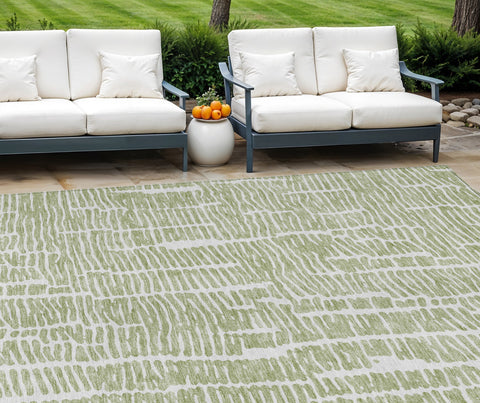 8' X 10' Artichoke Green And Ivory Abstract Washable Indoor Outdoor Area Rug