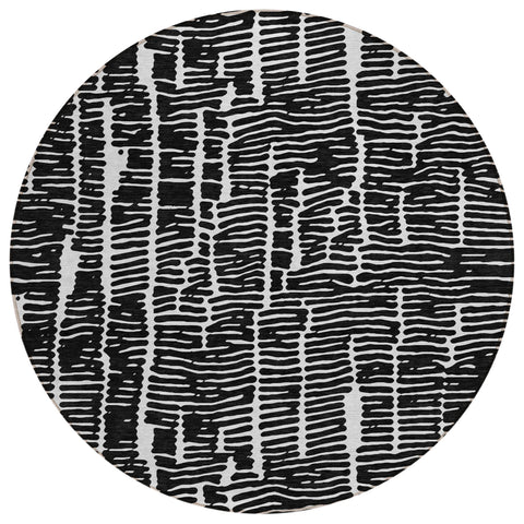 8' Black And Ivory Round Abstract Washable Indoor Outdoor Area Rug