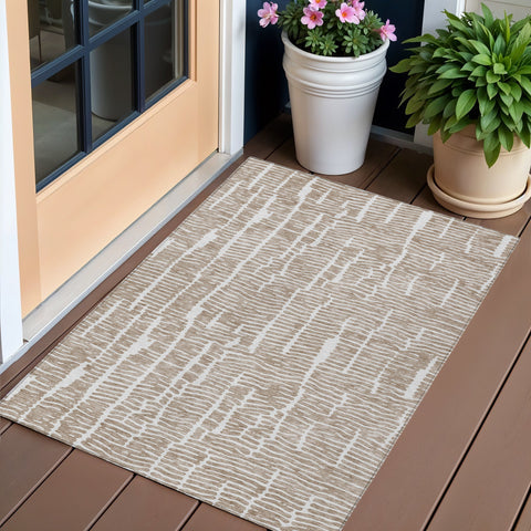 3' X 5' Brown And Ivory Abstract Washable Indoor Outdoor Area Rug
