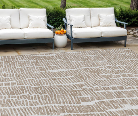 8' X 10' Brown And Ivory Abstract Washable Indoor Outdoor Area Rug