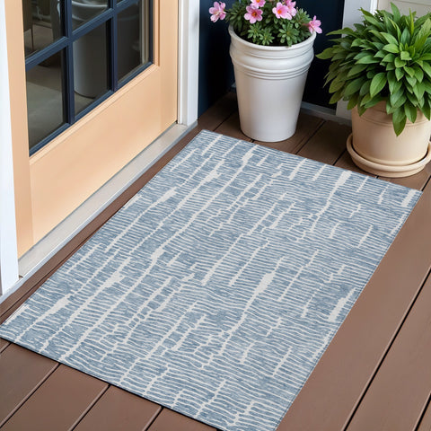 3' X 5' Blue And Ivory Abstract Washable Indoor Outdoor Area Rug