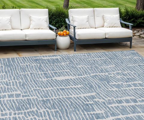 8' X 10' Blue And Ivory Abstract Washable Indoor Outdoor Area Rug