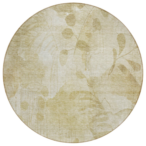8' Beige Tan And Ivory Round Floral Washable Indoor Outdoor Area Rug