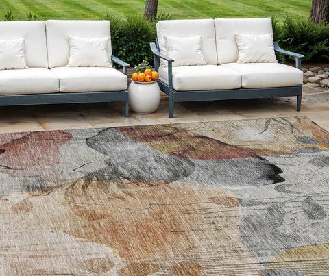 8' X 10' Terra Cotta Copper And Beige Floral Washable Indoor Outdoor Area Rug