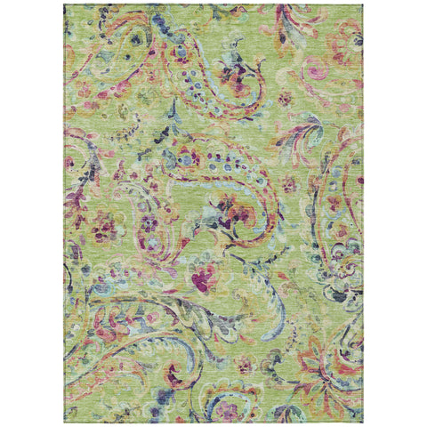 5' X 8' Artichoke Green And Pink Paisley Washable Indoor Outdoor Area Rug