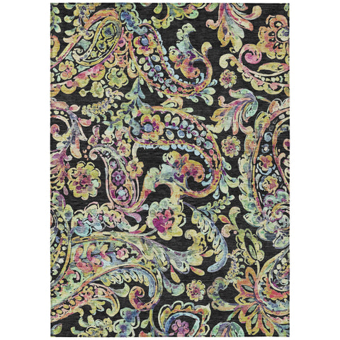 3' X 5' Black And Artichoke Green Paisley Washable Indoor Outdoor Area Rug
