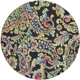 8' Black And Artichoke Green Round Paisley Washable Indoor Outdoor Area Rug