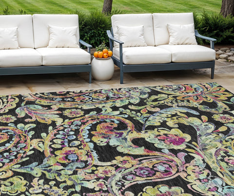 8' X 10' Black And Artichoke Green Paisley Washable Indoor Outdoor Area Rug