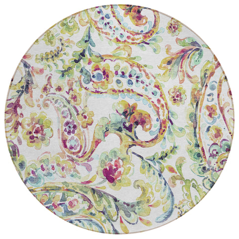 8' Ivory Fern Green And Artichoke Green Round Paisley Washable Indoor Outdoor Area Rug