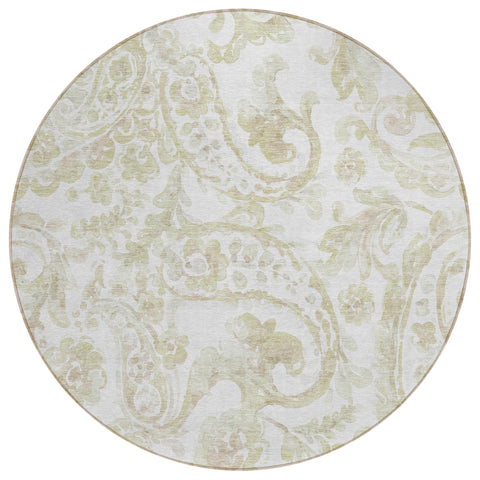 8' Beige Tan And Ivory Round Paisley Washable Indoor Outdoor Area Rug