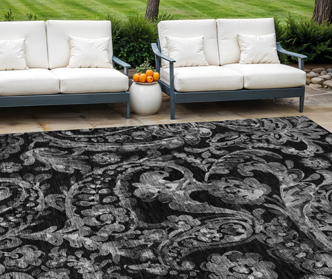 8' X 10' Black Gray And Charcoal Paisley Washable Indoor Outdoor Area Rug