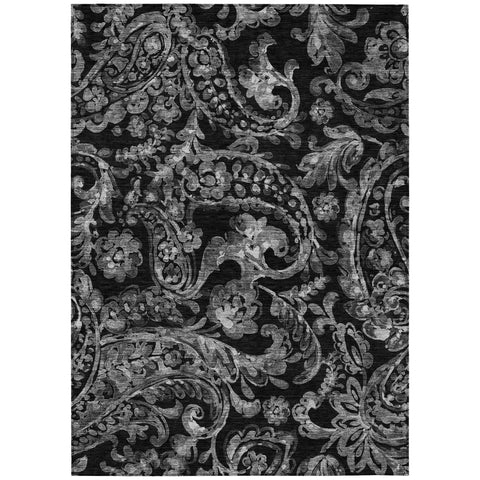 8' X 10' Black Gray And Charcoal Paisley Washable Indoor Outdoor Area Rug