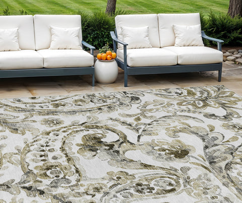 8' X 10' Brown Ivory And Tan Paisley Washable Indoor Outdoor Area Rug