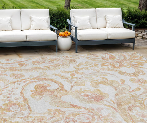 8' X 10' Coral Ivory And Peach Paisley Washable Indoor Outdoor Area Rug