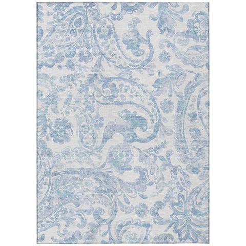 8' X 10' Sky Blue Denim Blue And Ivory Paisley Washable Indoor Outdoor Area Rug