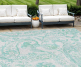 8' X 10' Turquoise And Ivory Paisley Washable Indoor Outdoor Area Rug