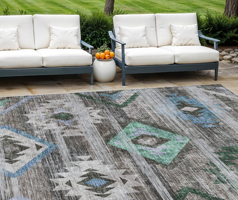 8' X 10' Brown Beige And Blue Southwestern Washable Indoor Outdoor Area Rug