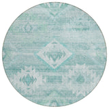 8' Aqua Turquoise And Ivory Round Southwestern Washable Indoor Outdoor Area Rug