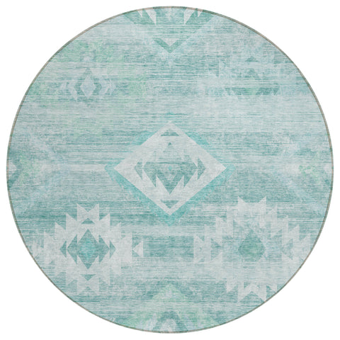 8' Aqua Turquoise And Ivory Round Southwestern Washable Indoor Outdoor Area Rug