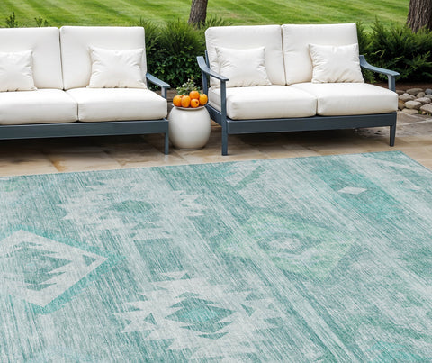 8' X 10' Aqua Turquoise And Ivory Southwestern Washable Indoor Outdoor Area Rug